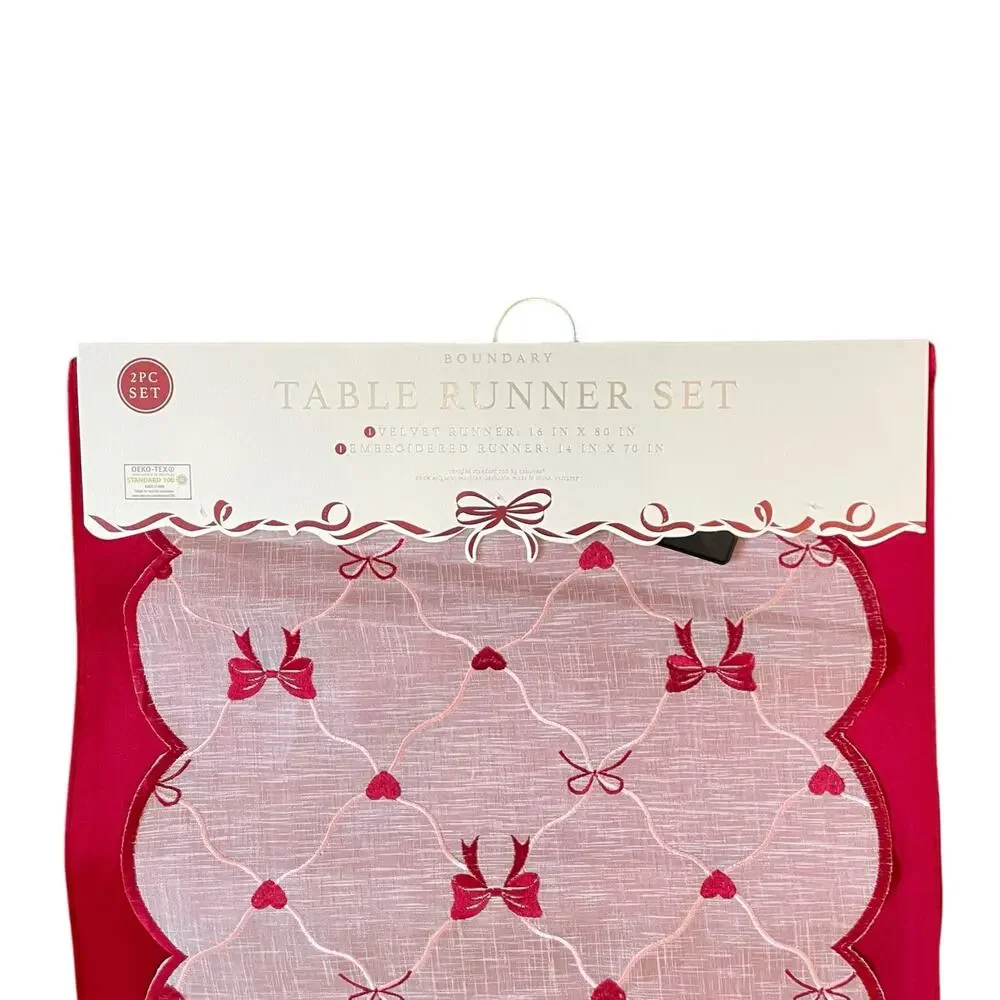 2pc Velvet Valentines Day Table Runner Bows Hearts Red & White by Envogue New